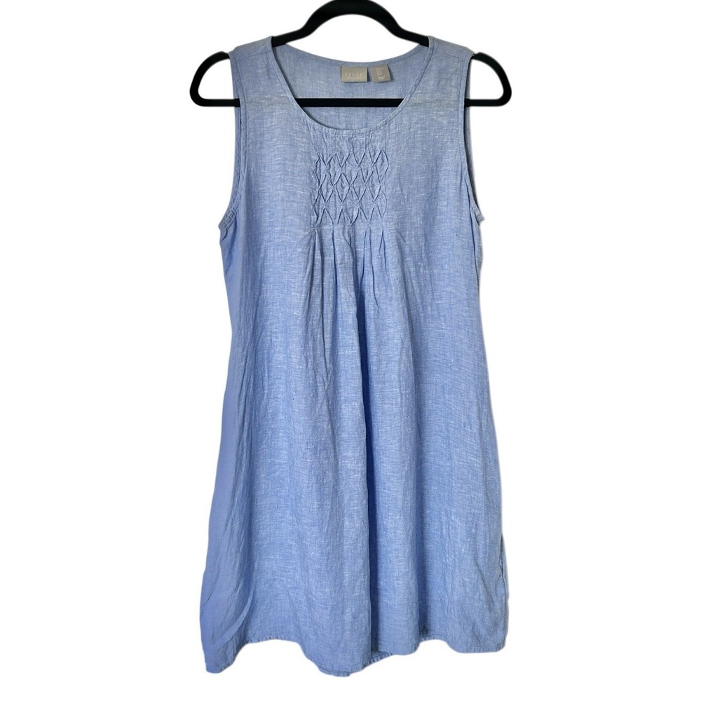 Kenar 100% Linen Sleeveless Shift Dress Medium Blue Coastal Pintuck Bodice Beach